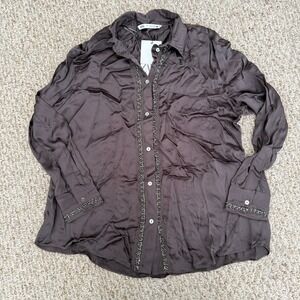 ZARA Blouse Women Small Satin Effect Pocket‎ Embellished Dress Shirt MSRP$90